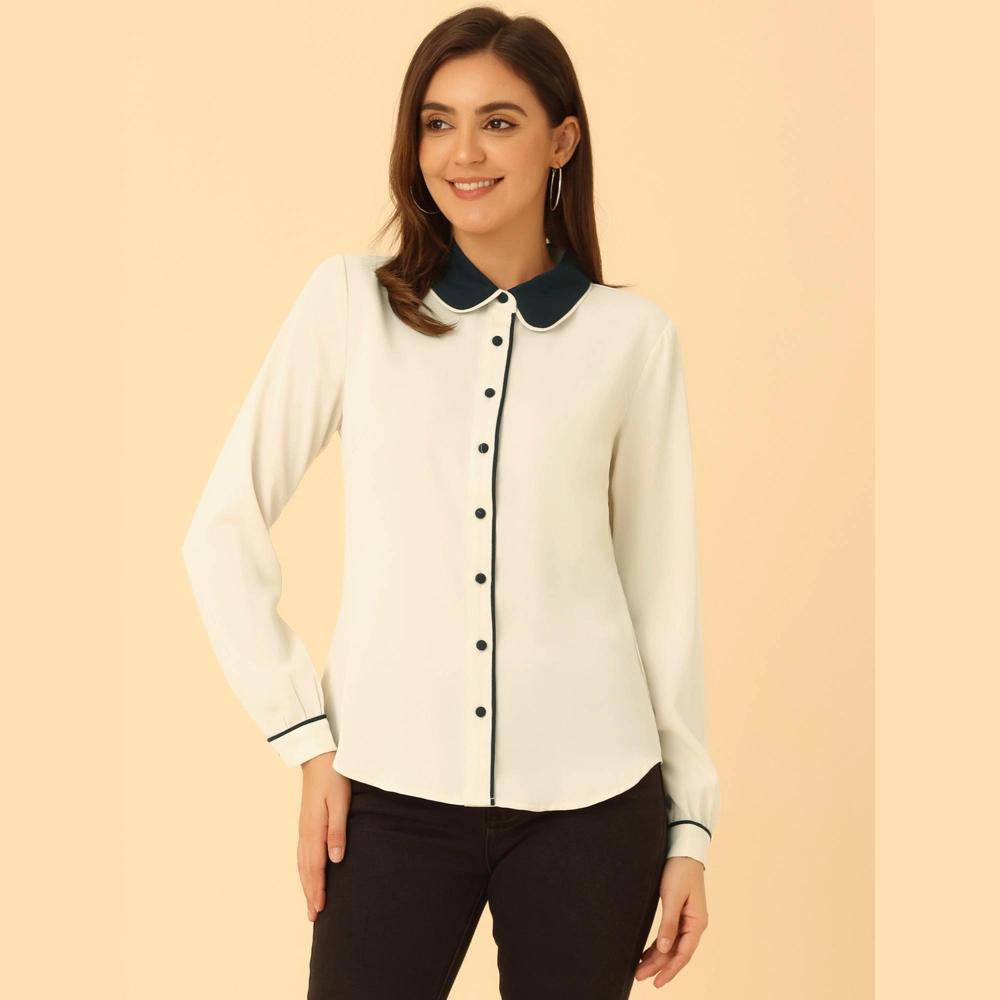 Allegra K Women's Vintage Button Down Contrast Peter Pan Collar Office Work Blouse Product Image