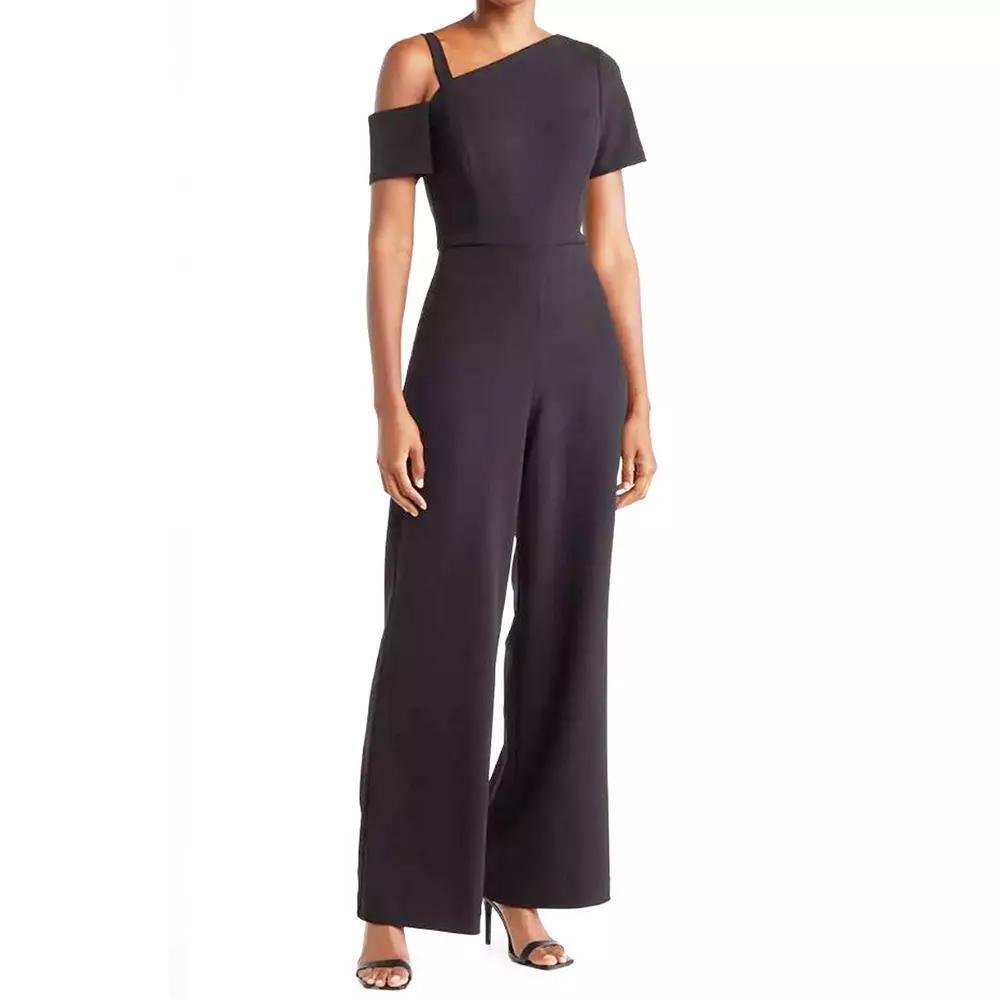 Women's Focus By Shani Asymmetric Scuba Crepe Knit Jumpsuit, Size: 2, Black Product Image