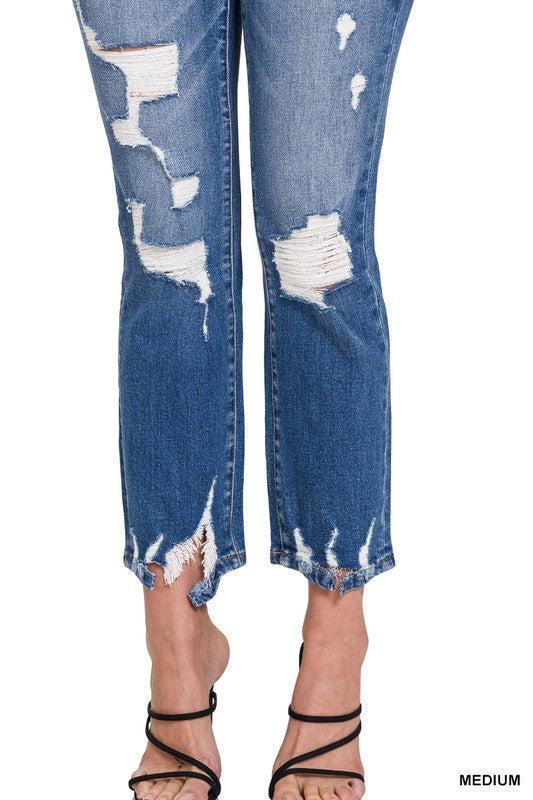 Kayden Distressed Raw Hem Straight Cropped Capri Jeans by Zenana Product Image