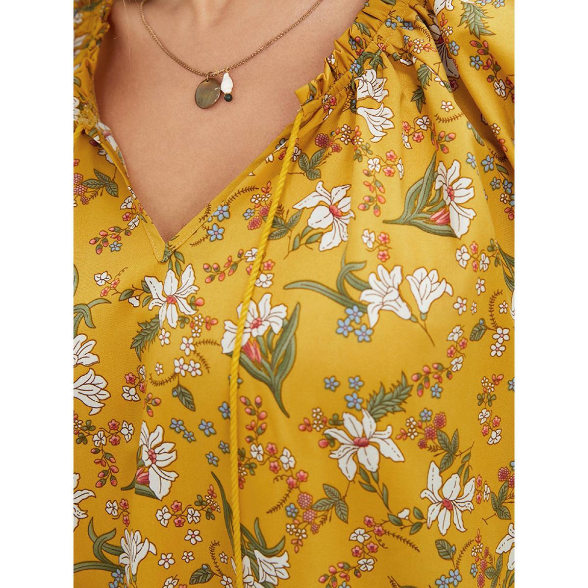 Plus Size Yellow Floral Tie Neck Tassels Frill Trim Ruffle Sleeve Blouse Women Elegant Short sleeve V-neck Dailywear Blouses BloomChic 28/5X Product Image