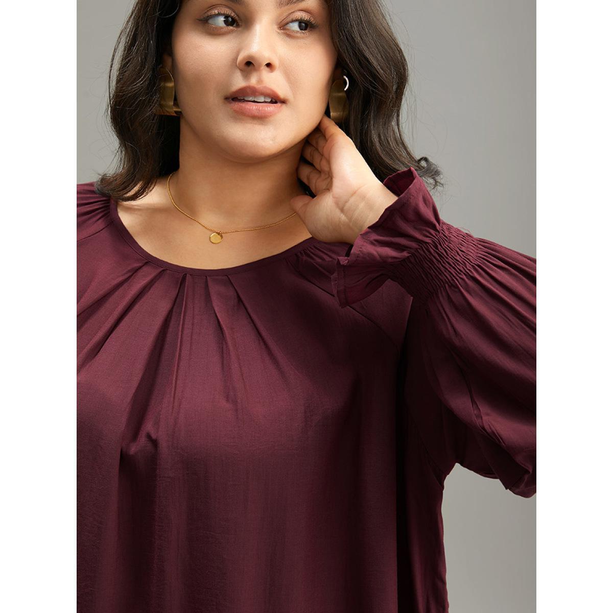 Plus Size Burgundy Supersoft Essentials Plain Plicated Detail Ruffle Trim Blouse Women Office Long Sleeve Round Neck Work Blouses BloomChic 18-20/2X Product Image