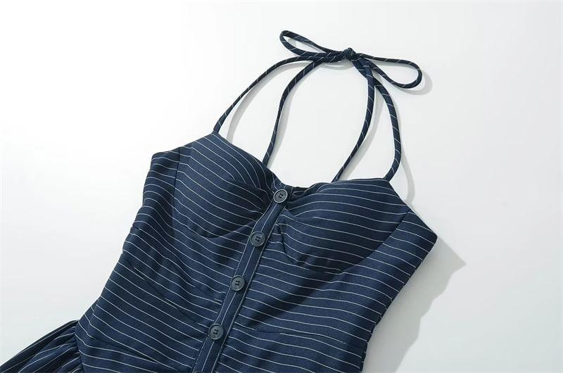Halter Neck Striped Mini A-Line Dress Product Image