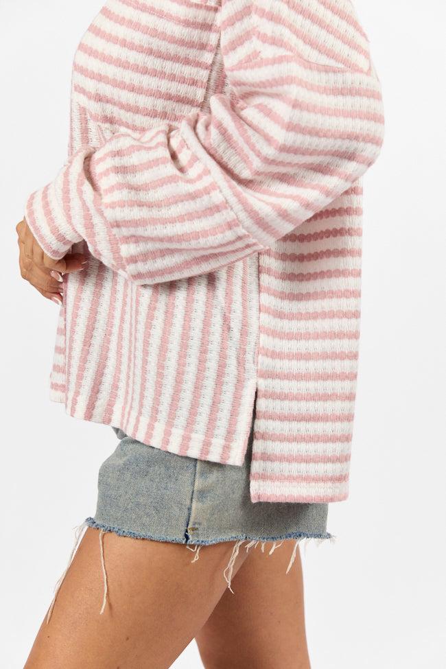 All For Sun Pink and Ivory Striped Knit V-Neck Long Sleeve Tee FINAL SALE Product Image