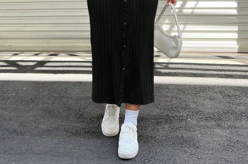 Plus Size Long-Sleeve V-Neck Plain Button Midi Sheath Knit Dress Product Image