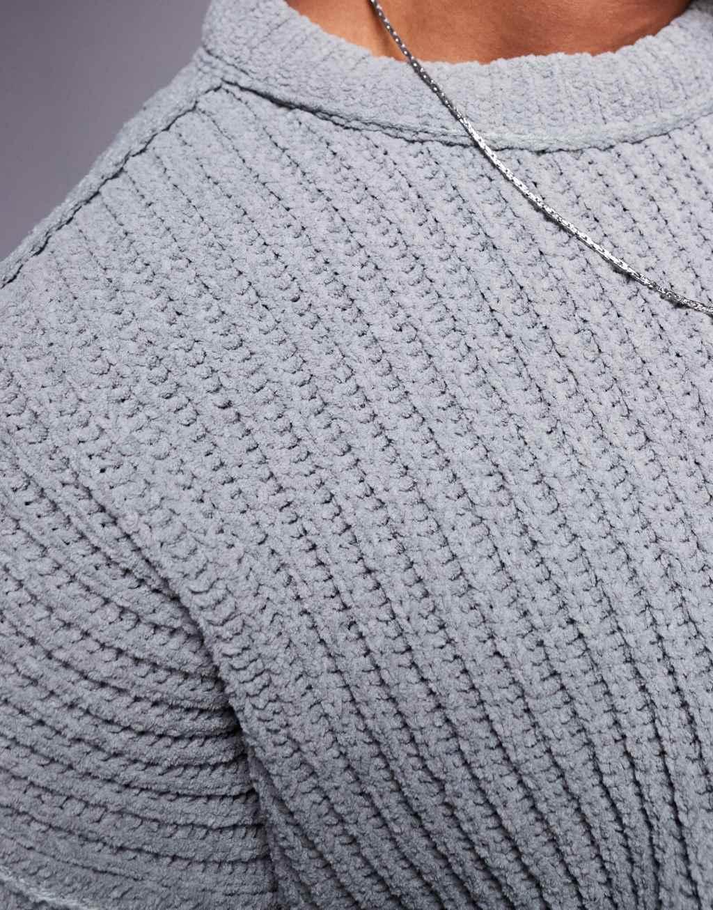 ASOS DESIGN relaxed chenille crew neck rib knit sweater in gray Product Image