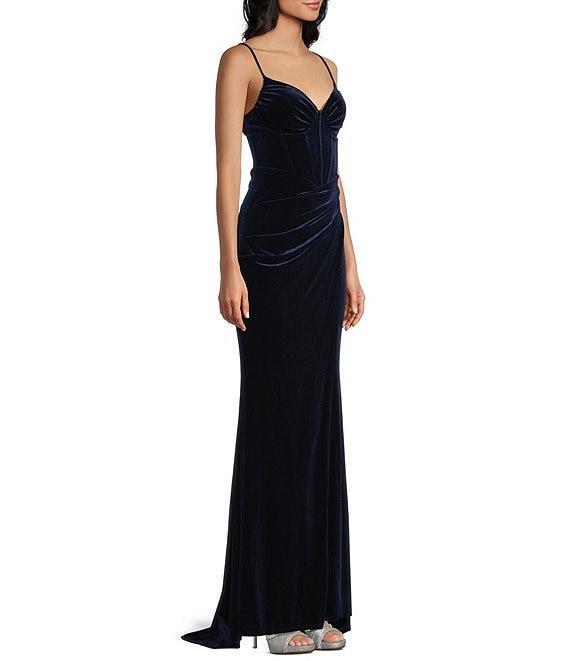 B. Darlin Spaghetti Strap V-Neck Bustier Shirring Detail Velvet Dress Product Image