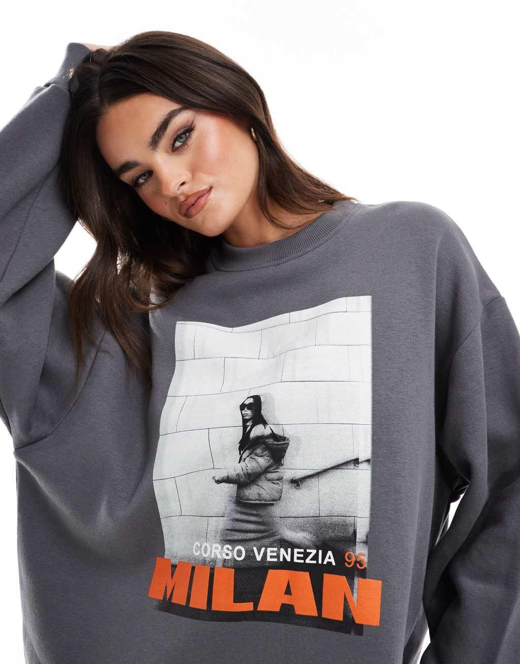 ASOS DESIGN oversized sweatshirt with Milan graphic in charcoal Product Image