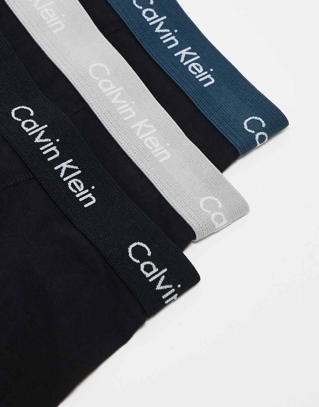 Calvin Klein Cotton Stretch 3 pack trunk in black with gray/teal/black waistbands Product Image