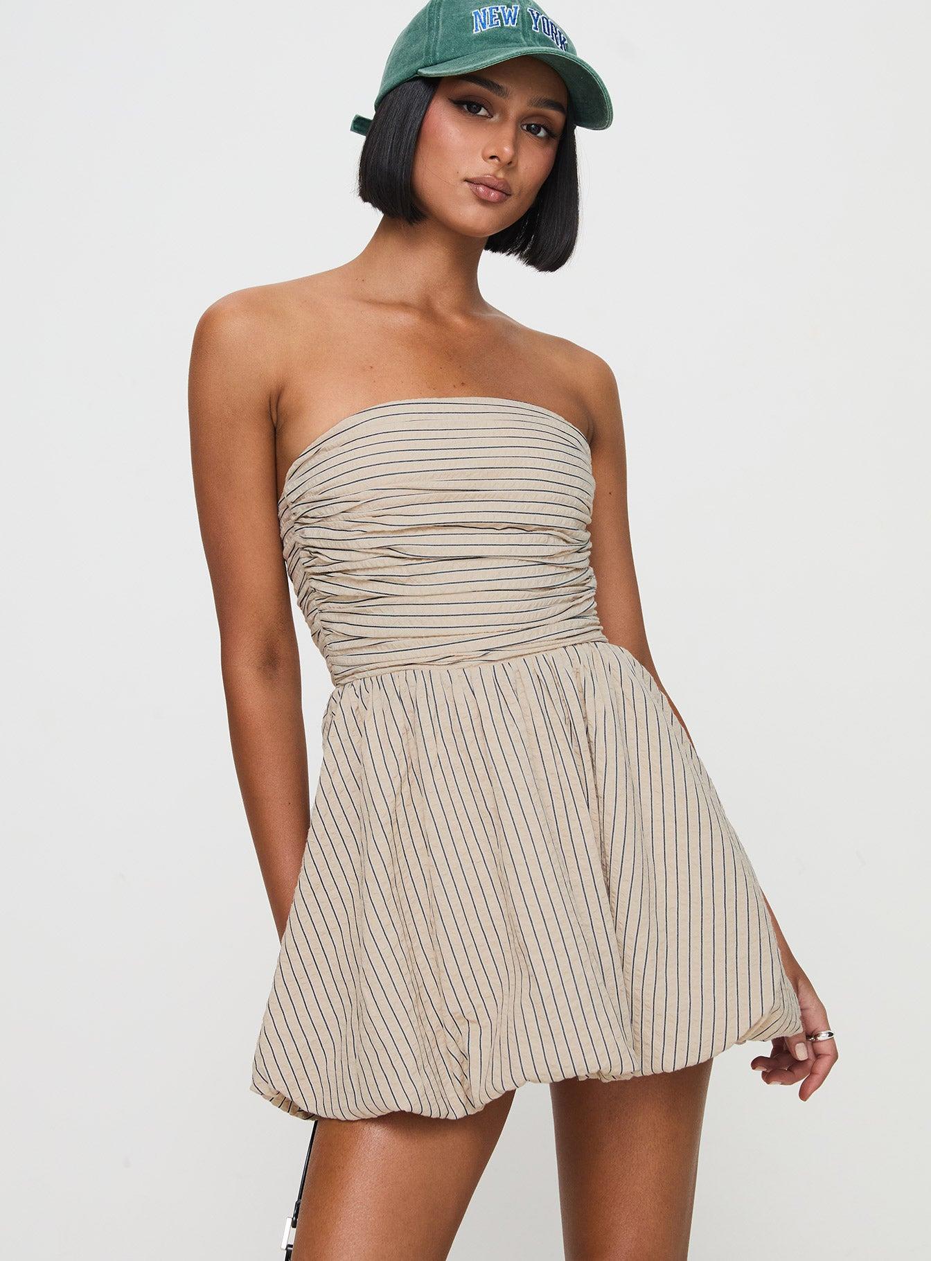 Quinette Strapless Bubble Hem Mini Dress Beige Stripe Product Image
