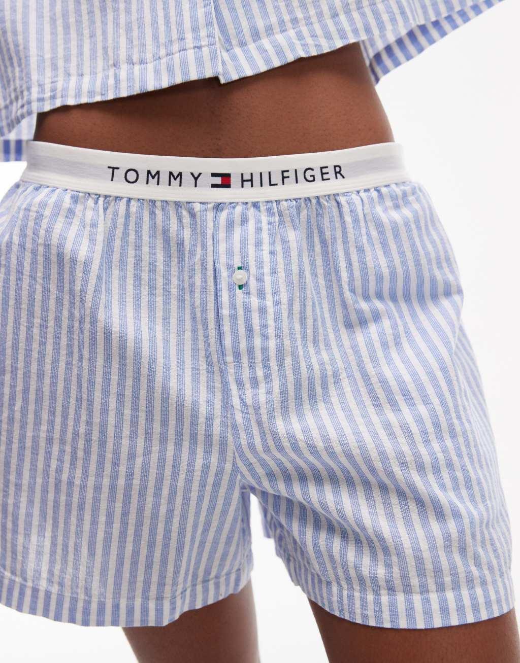 Tommy Hilfiger linen blend short sleeve shirt and shorts pajama set in blue stripe Product Image