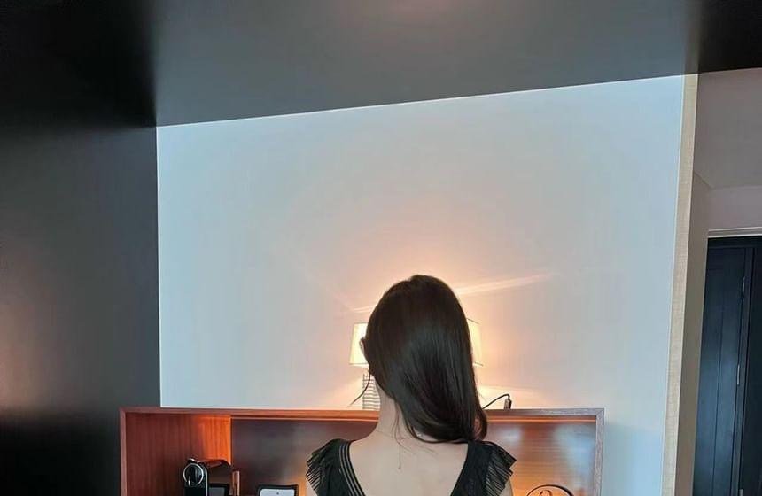 Cap-Sleeve V-Neck Plain Ruffle Trim Mini A-Line Dress Product Image