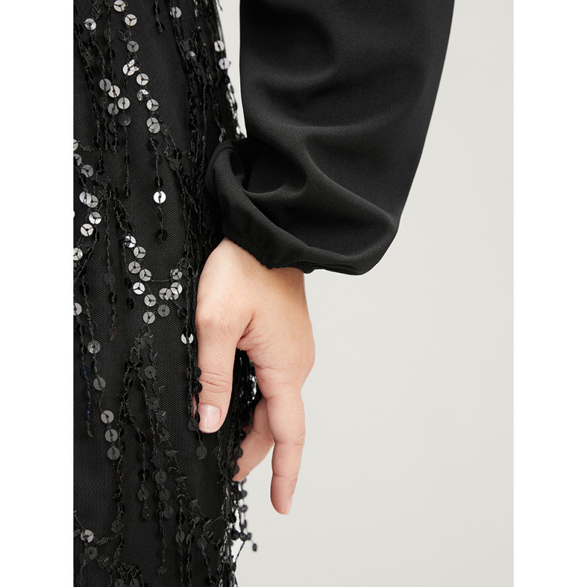 Plus Size Solid Patchwork Wrap Sequin Tassel Detail Dress Black Women Party Patchwork V-neck Long Sleeve Curvy Knee Dress BloomChic 12/L Product Image