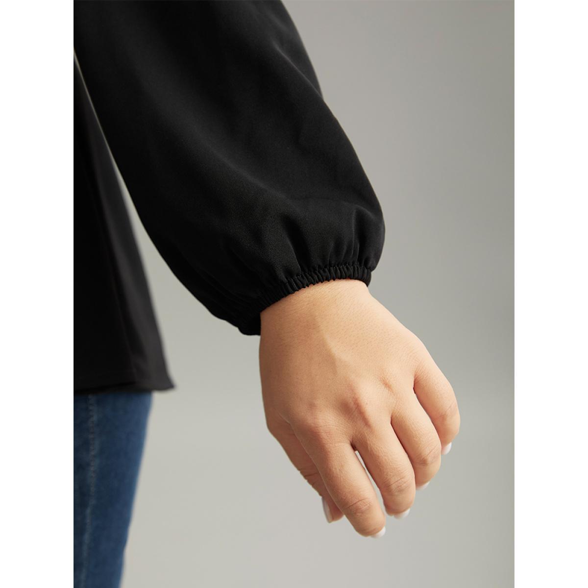 Plus Size Black Solid Wrap Flutters Style Accents Belted Blouse Women Office Long Sleeve V-neck Work Blouses BloomChic 18-20/2X Product Image