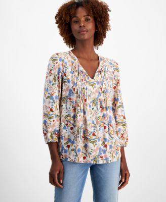 Tommy Hilfiger Floral Pintuck Blouse (Sky Captain Multi) Women's Clothing Product Image