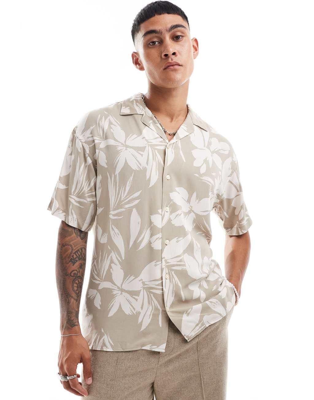 Jack & Jones floral shirt with revere collar in beige Product Image