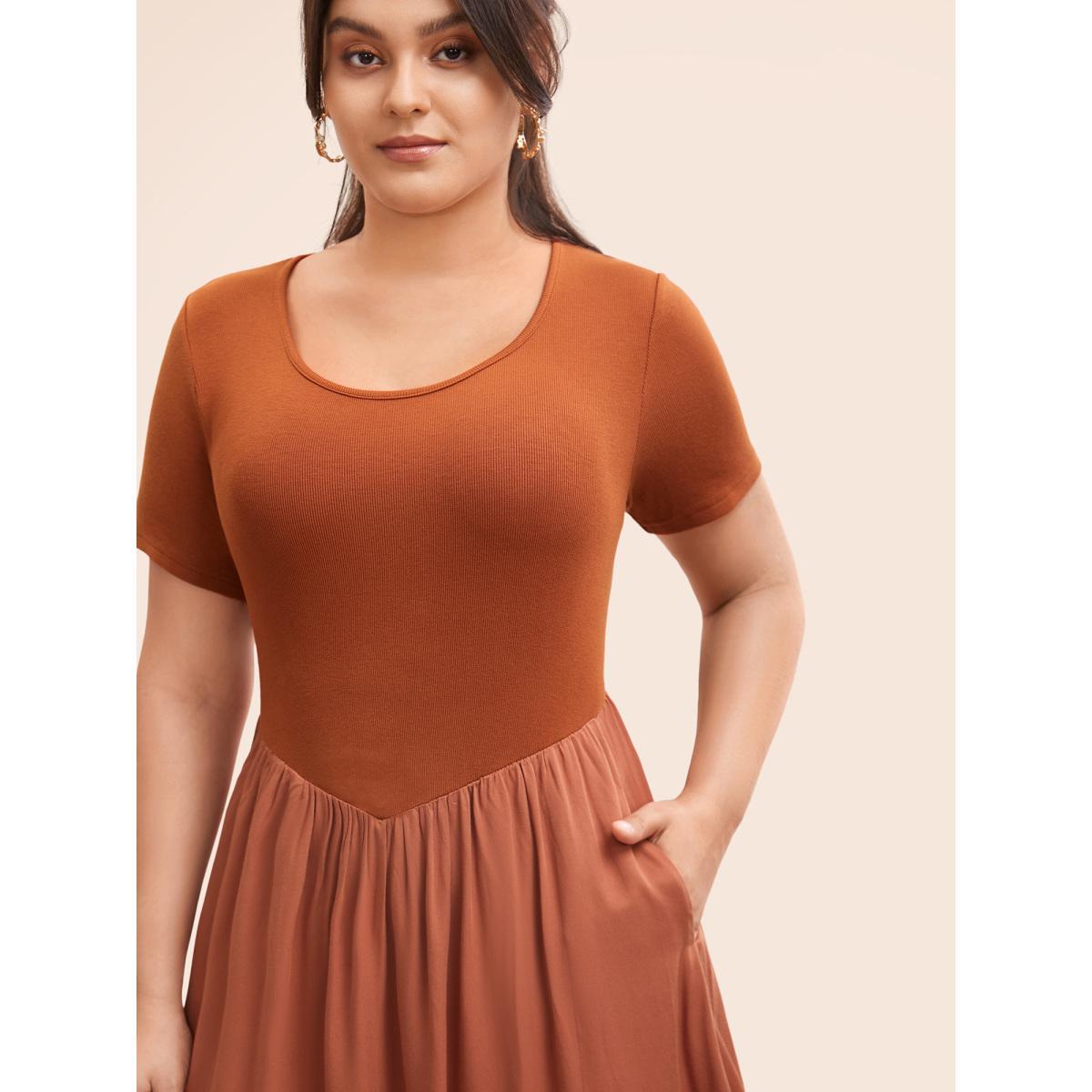 Plus Size U Neck Patchwork Midi Dress Maroon Women Elegant Patchwork U-neck Short sleeve Curvy BloomChic 14-16/1X Product Image