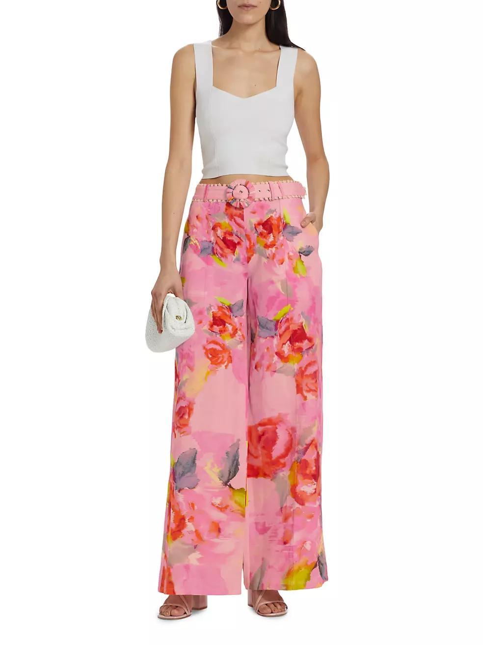Belted Floral Wide-Leg Pants Product Image
