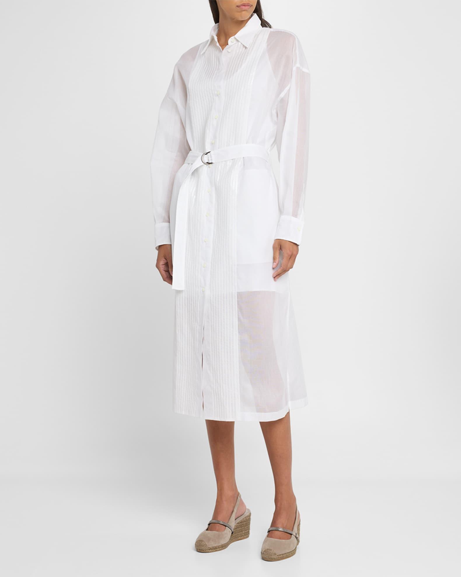 Tuxedo Bib Long-Sleeve Belted Organza Tunic Shirt Product Image