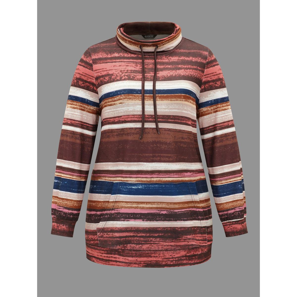 Plus Size Striped Patched Pocket Drawstring Sweatshirt Women Multicolor Casual Drawstring Loose Ruffled collar Everyday Sweatshirts BloomChic 18-20/2X Product Image