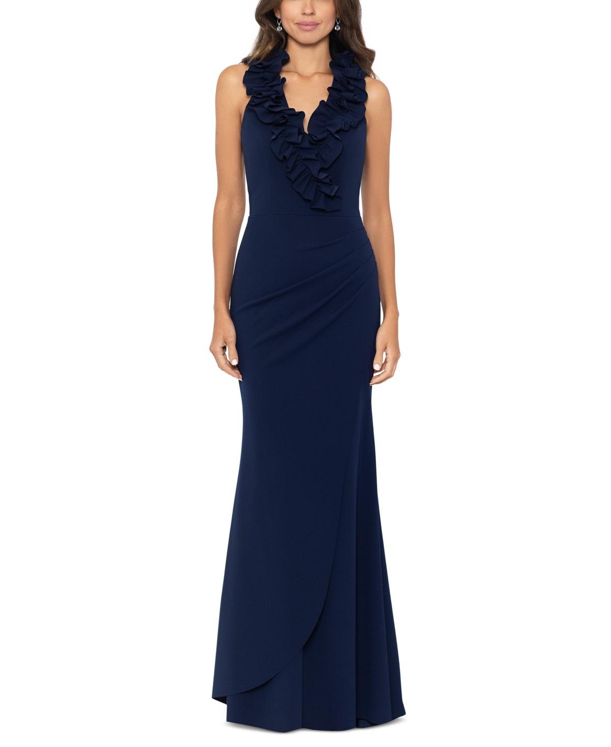XSCAPE Long Scuba Crepe V-Neck Ruffle Women's Dress Product Image