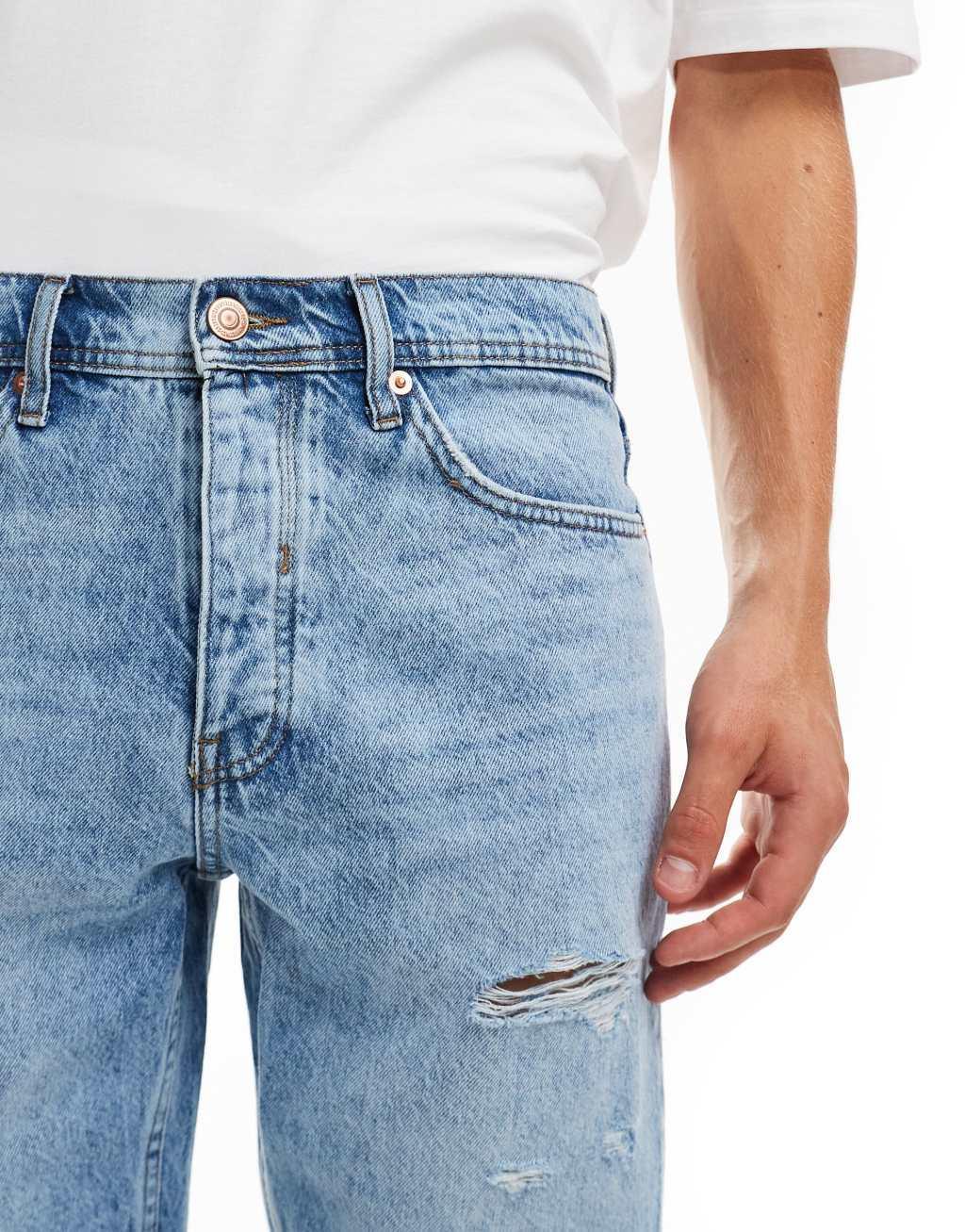 ONLY & SONS regular fit distressed denim shorts in light blue wash Product Image