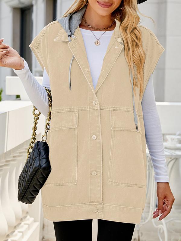 Loose Sleeveless Buttoned Detachable Hooded Pockets Split-Joint Lapel Collar Vest Outerwear Product Image