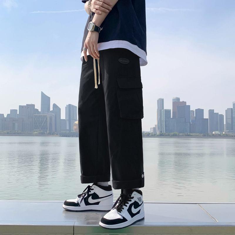 Drawstring Waist Plain Straight Leg Cargo Pants Product Image