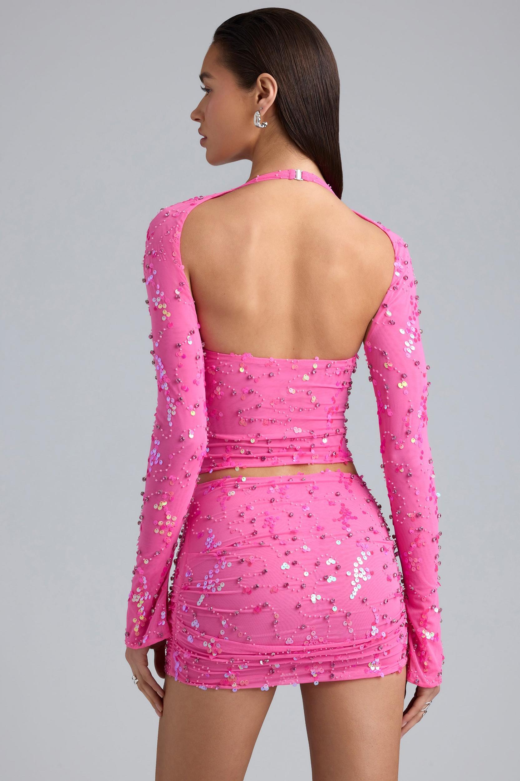 Embellished Cut-Out Halterneck Top in Bubblegum Pink Product Image
