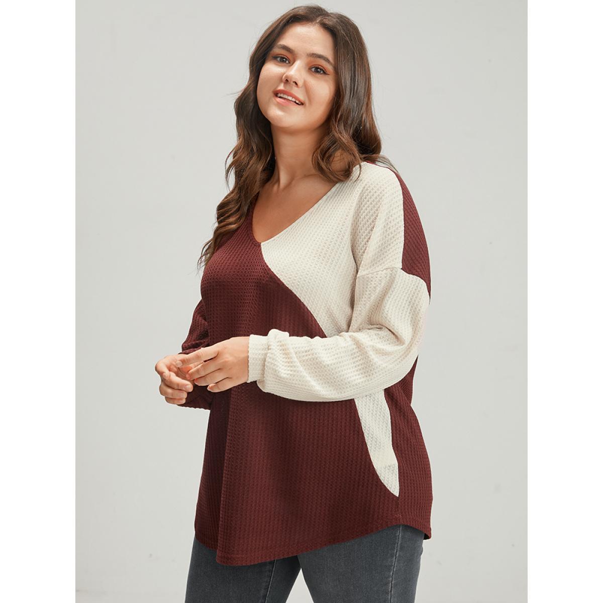 Plus Size Colorblock Contrast V Neck Waffle Knit Sweatshirt Women Russet Elegant Patchwork V-neck Dailywear Sweatshirts BloomChic 22-24/3X Product Image