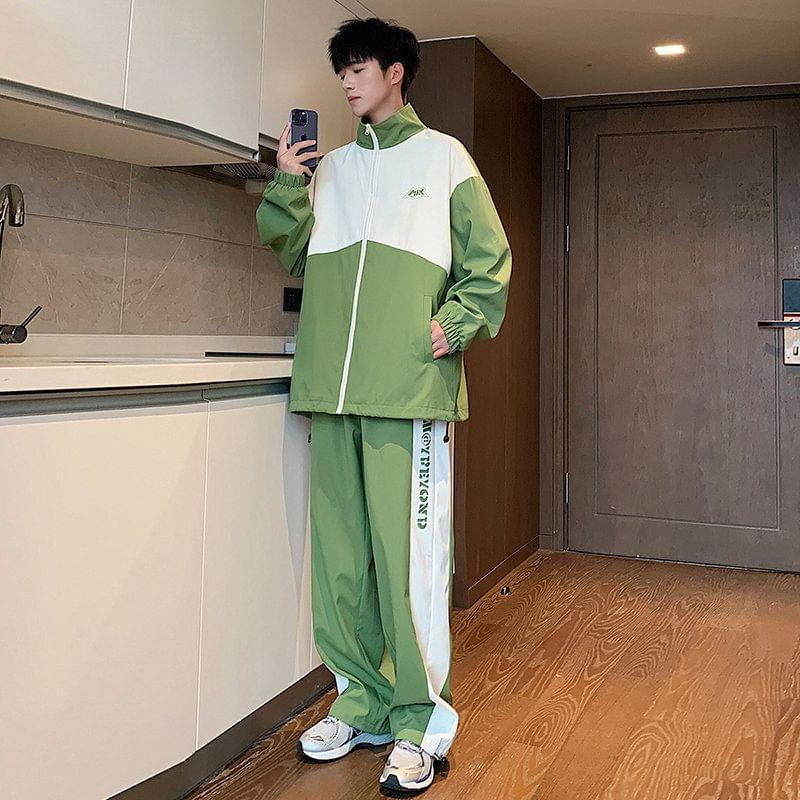 Set: Stand Collar Two Tone Zip Jacket + Mid Rise Lettering Sweatpants Product Image