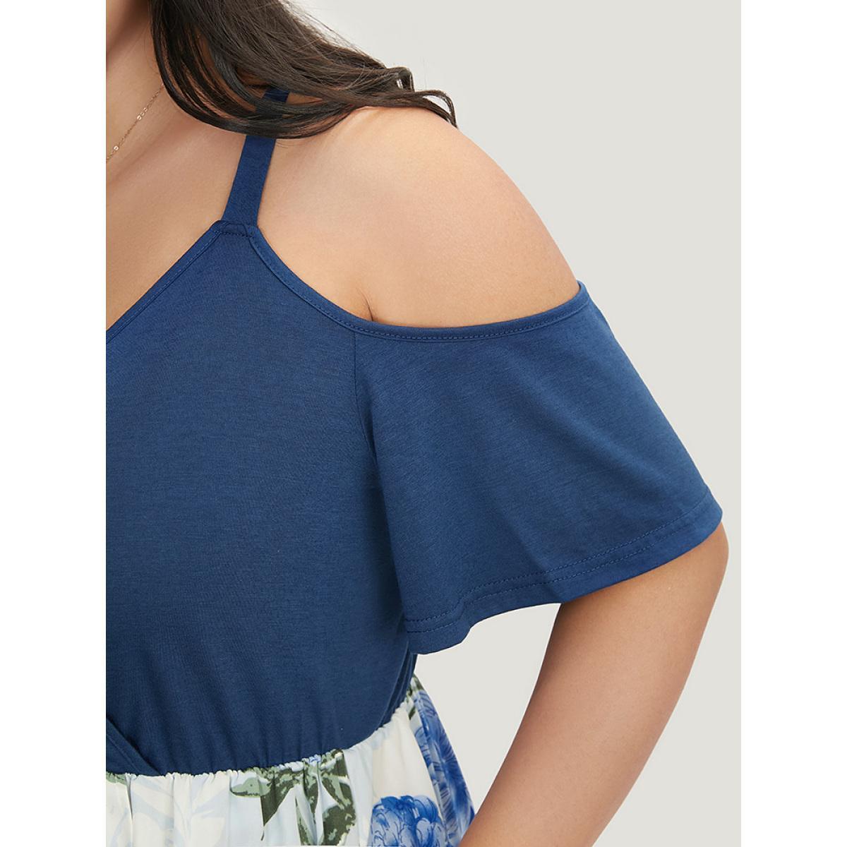 Plus Size Floral Patchwork Cold Shoulder Pocket Asymmetrical Hem Dress Indigo Women Elegant Adjustable Straps Cold Shoulder Short sleeve Curvy Midi Dress BloomChic 22-24/3X Product Image