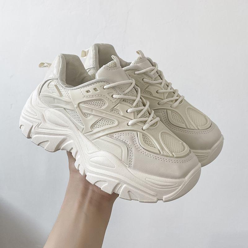 Plain Mesh Panel Lace-Up Platform Sneakers Product Image