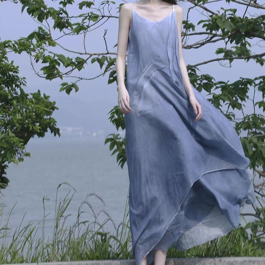 Spaghetti Strap Plain Maxi A-Line Dress Product Image