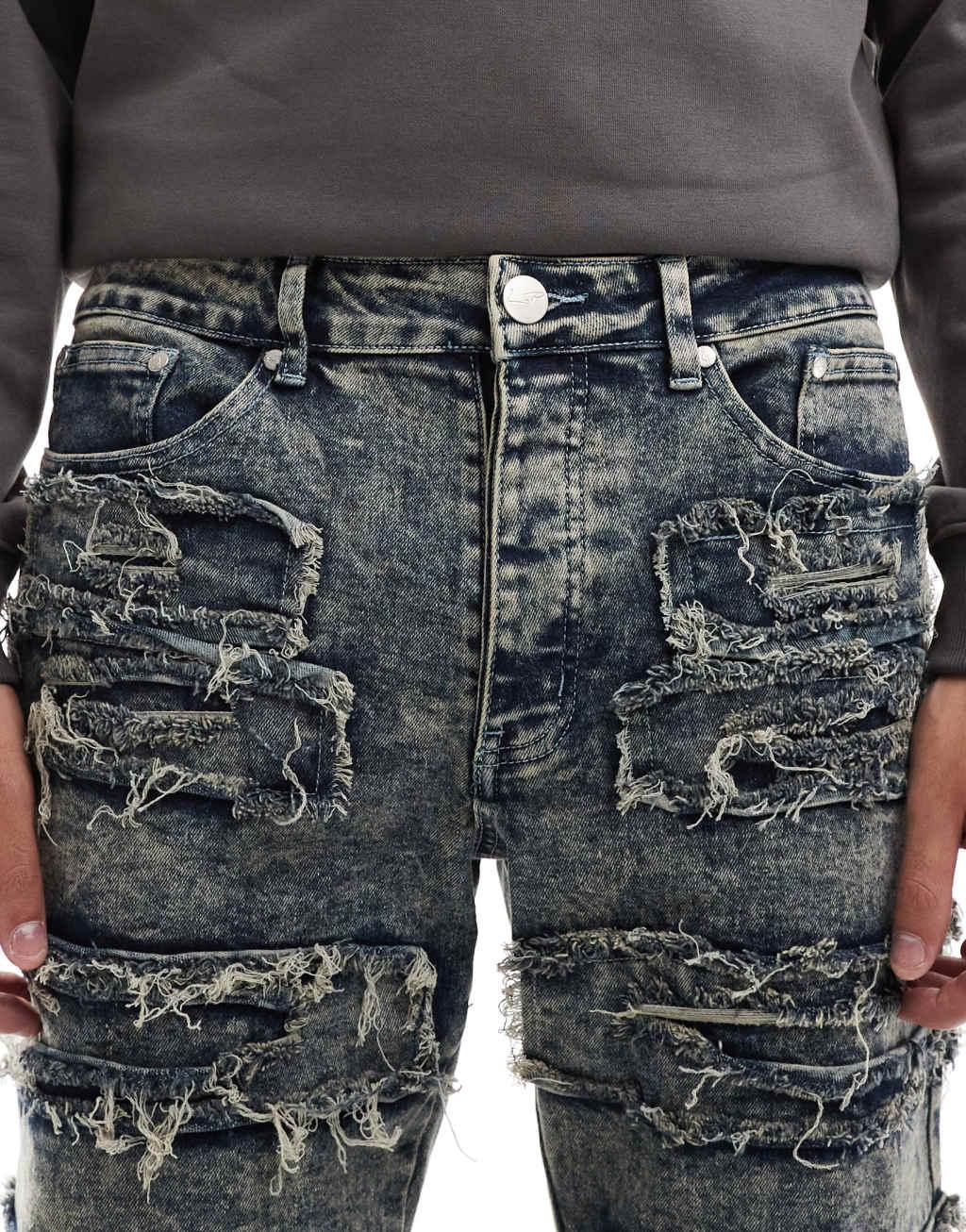 Liquor N Poker frayed stacked denim jean in stone wash Product Image