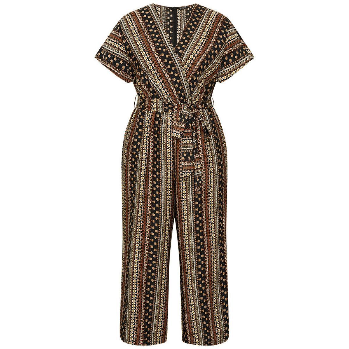 Plus Size DarkBrown Bandana Print Surplice Neck Belted Ruffle Sleeve Jumpsuit Women Elegant Short sleeve V-neck Dailywear Loose Jumpsuits BloomChic 28/5X Product Image