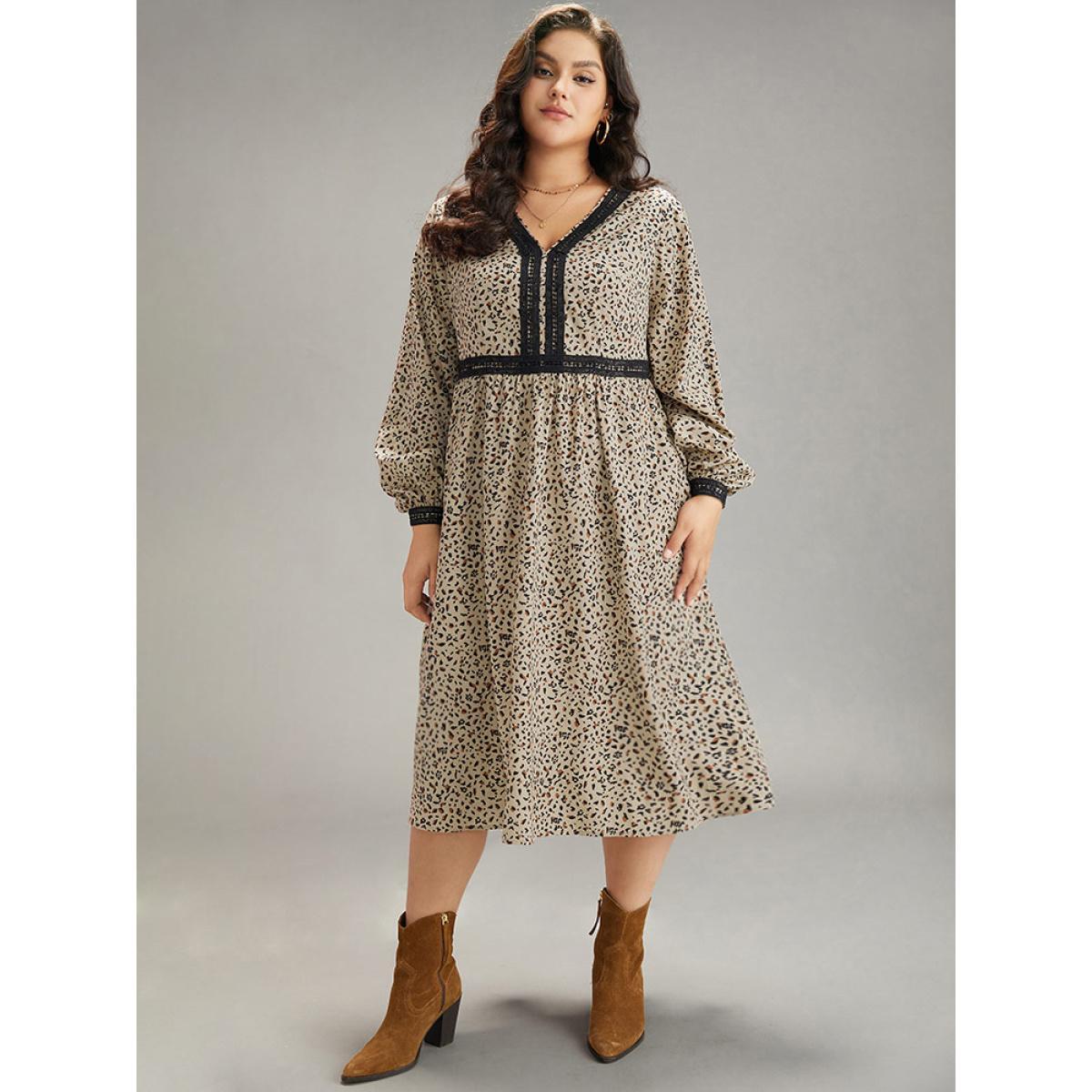 Plus Size Leopard Pocket Guipure Lace Lantern Sleeve Dress Stone Women Vacation Elastic cuffs V-neck Long Sleeve Curvy Midi Dress BloomChic 28/5X Product Image