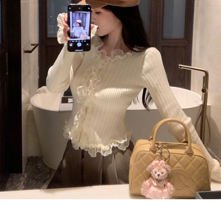 Long Sleeve Round Neck Plain Ruffle Lace Trim Ribbed Knit Top Product Image