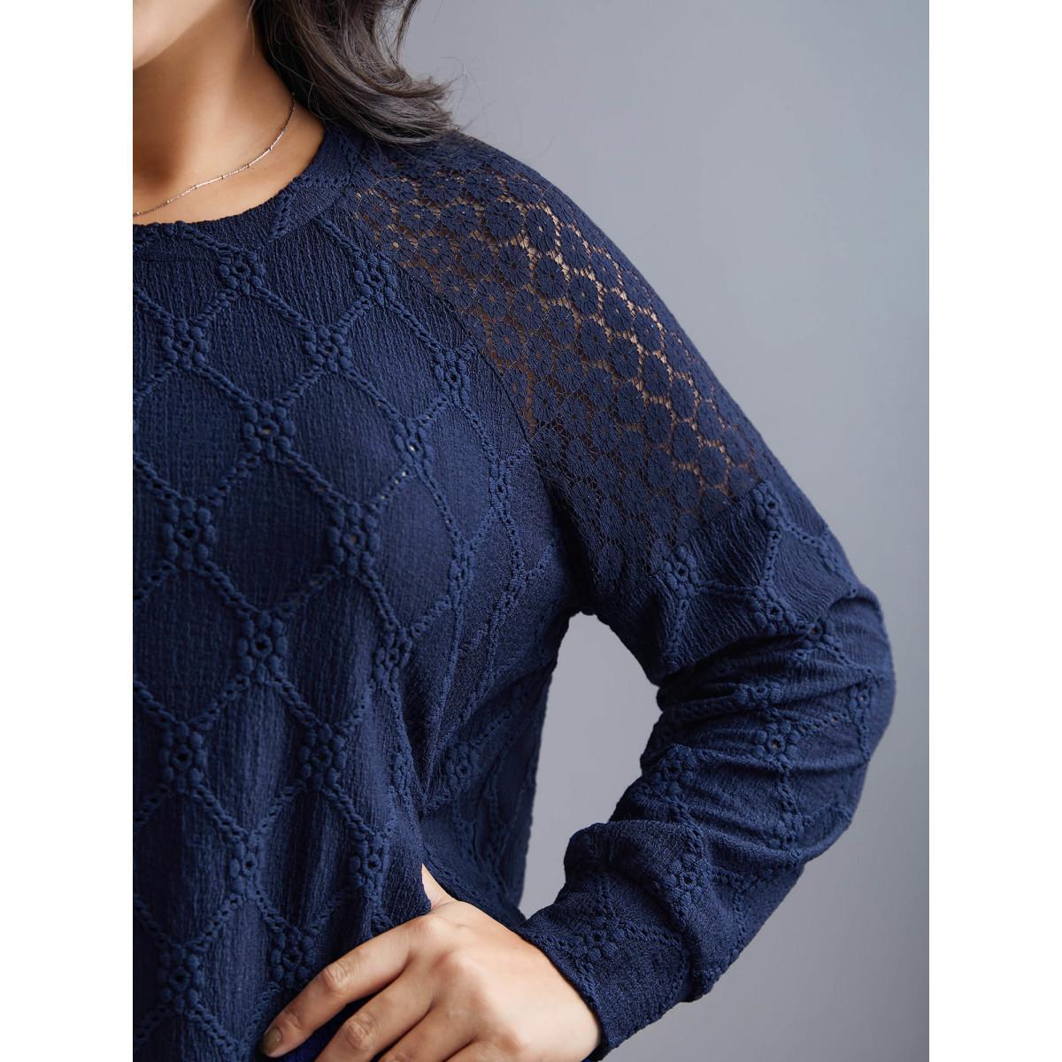 Plus Size Raglan Lace Mesh Sleeve Textured Sweatshirt Women Indigo Elegant See through Round Neck Everyday Sweatshirts BloomChic 10/M Product Image