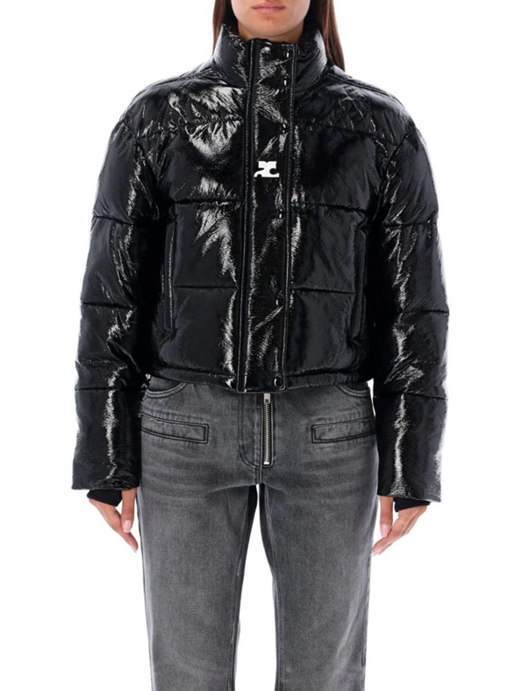 COURRÈGES Logo Patch Vinyl Crop Puffer Jacket In Black Product Image