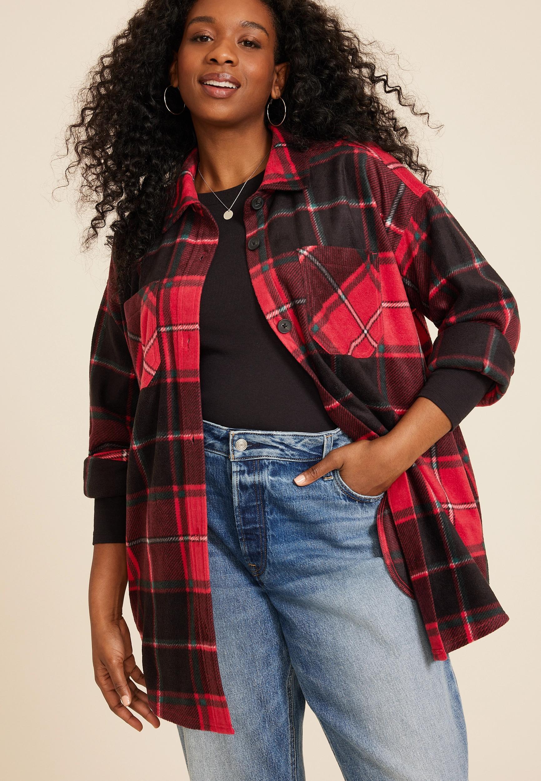 Maurices Plus Size Womens Wilder Plaid Fleece Shacket Beige Size 4X Product Image