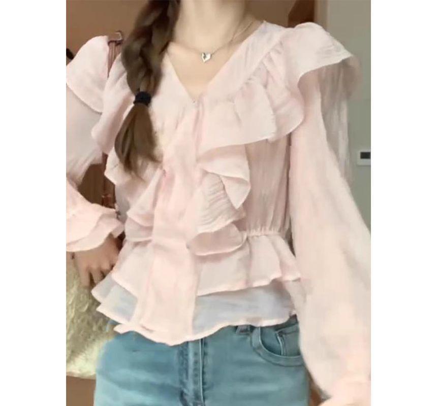 Long-Sleeve V-Neck Ruffle Plain Crop Blouse Product Image