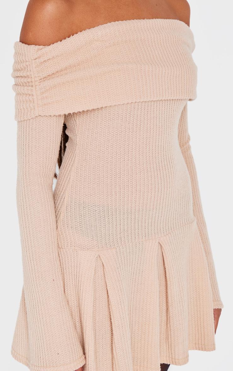 Stone Waffle Textured Bardot Pleated Shift Dress Product Image