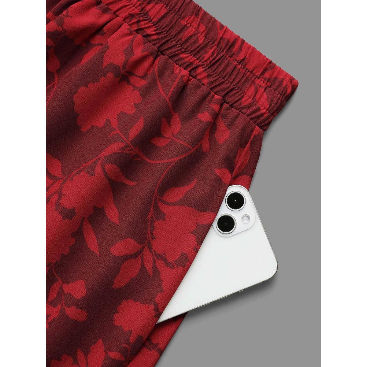 Plus Size Silhouette Floral Print Ruffle Layered Hem Skirt Women Deepred Elegant Loose Low stretch Side seam pocket Everyday Skirts BloomChic 14-16/1X Product Image