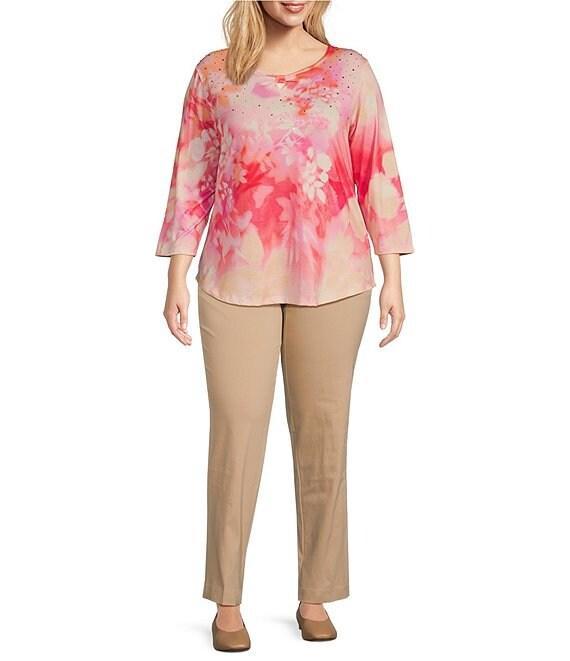Allison Daley Plus Size Ombre Floral Print 3/4 Sleeve Keyhole Neck Knot Knit Top Product Image