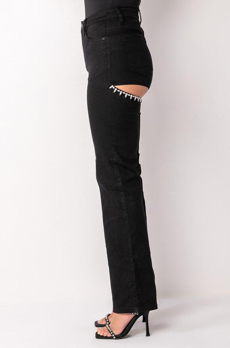 RAVENNA RHINESTONE PEEKABOOTY FLARED JEANS Product Image