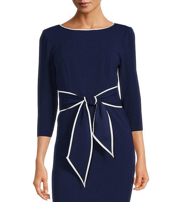 Adrianna Papell Contrasting Trim Boat Neck 3/4 Sleeve Tie Waist Crepe Sheath Dress Product Image