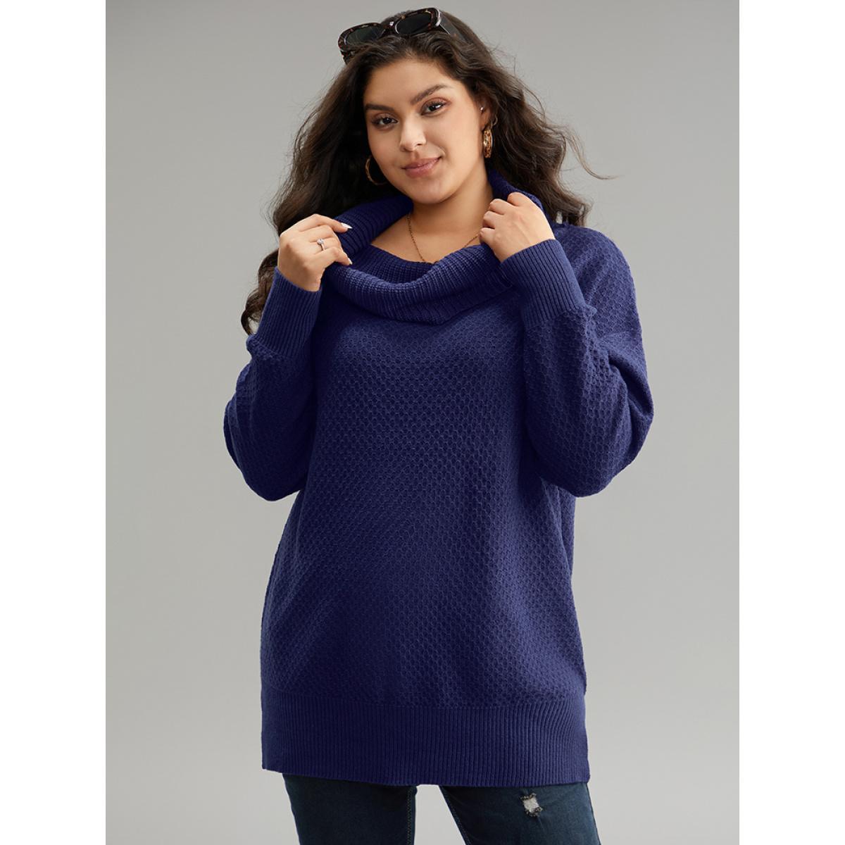 Plus Size Solid Turtle Neck Split Side Pullover DarkBlue Women Casual Loose Long Sleeve Turtleneck Everyday Pullovers BloomChic 18-20/2X Product Image
