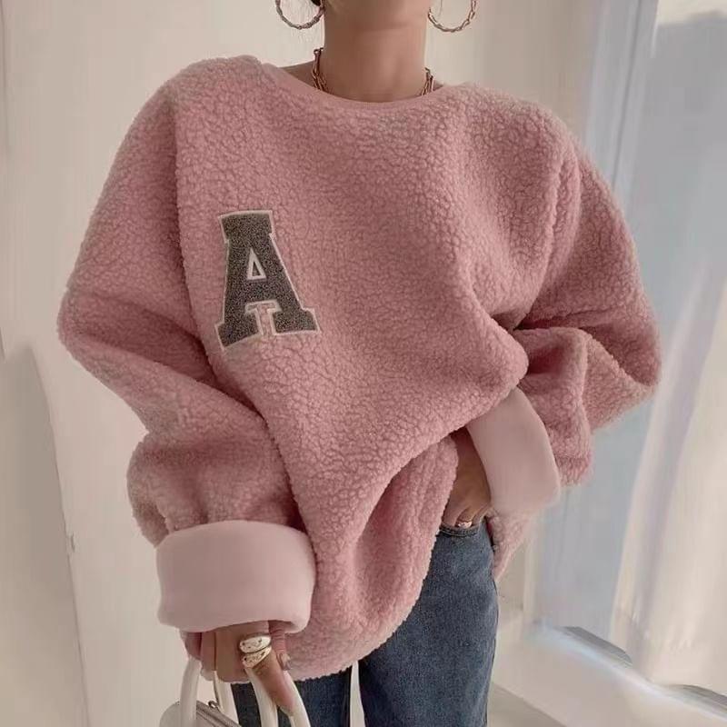 Round Neck Letter Embroidered Faux Shearling Oversized Sweatshirt Product Image