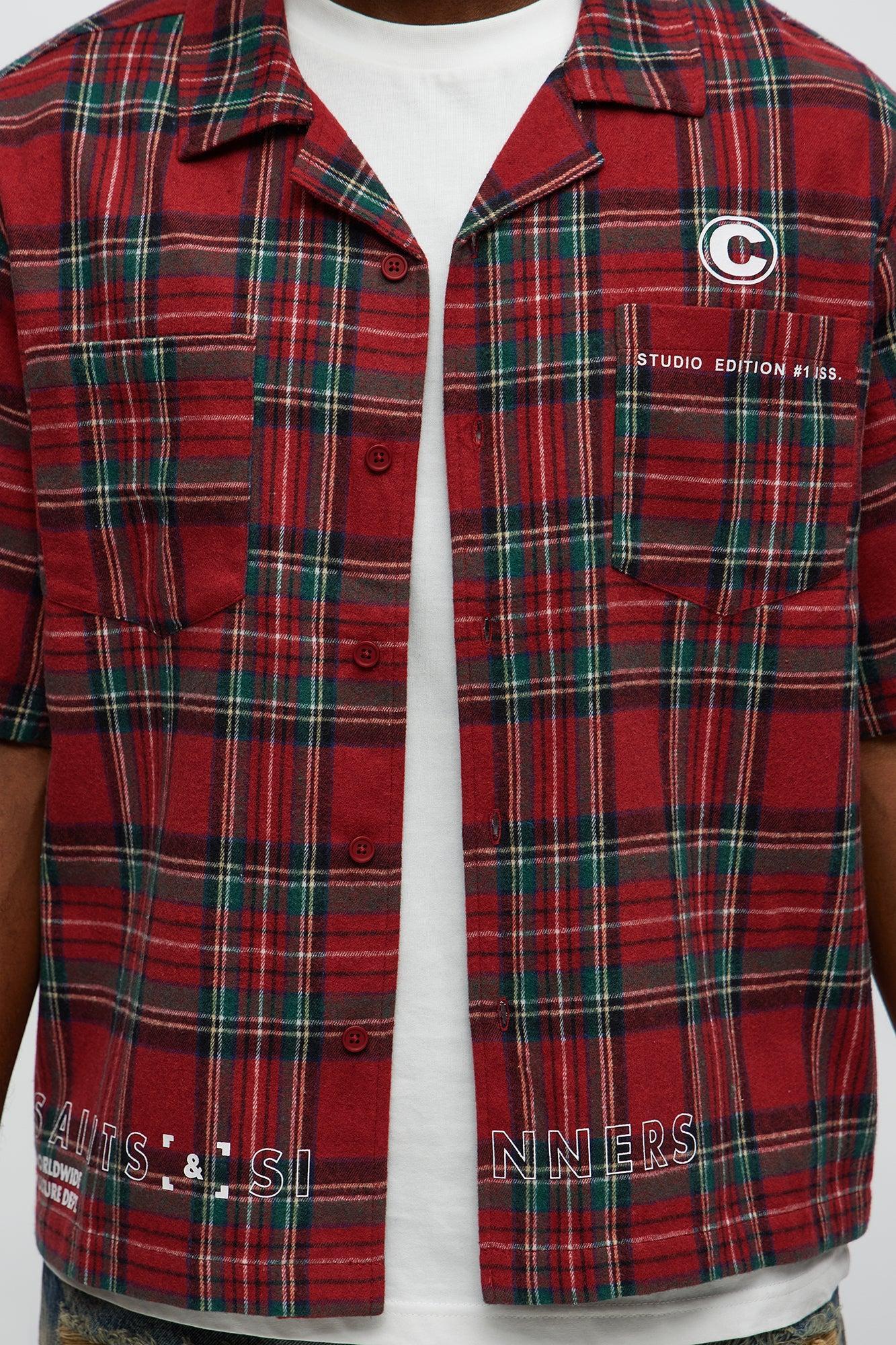 Culture Plaid Cropped Button Up Shirt - Red Product Image