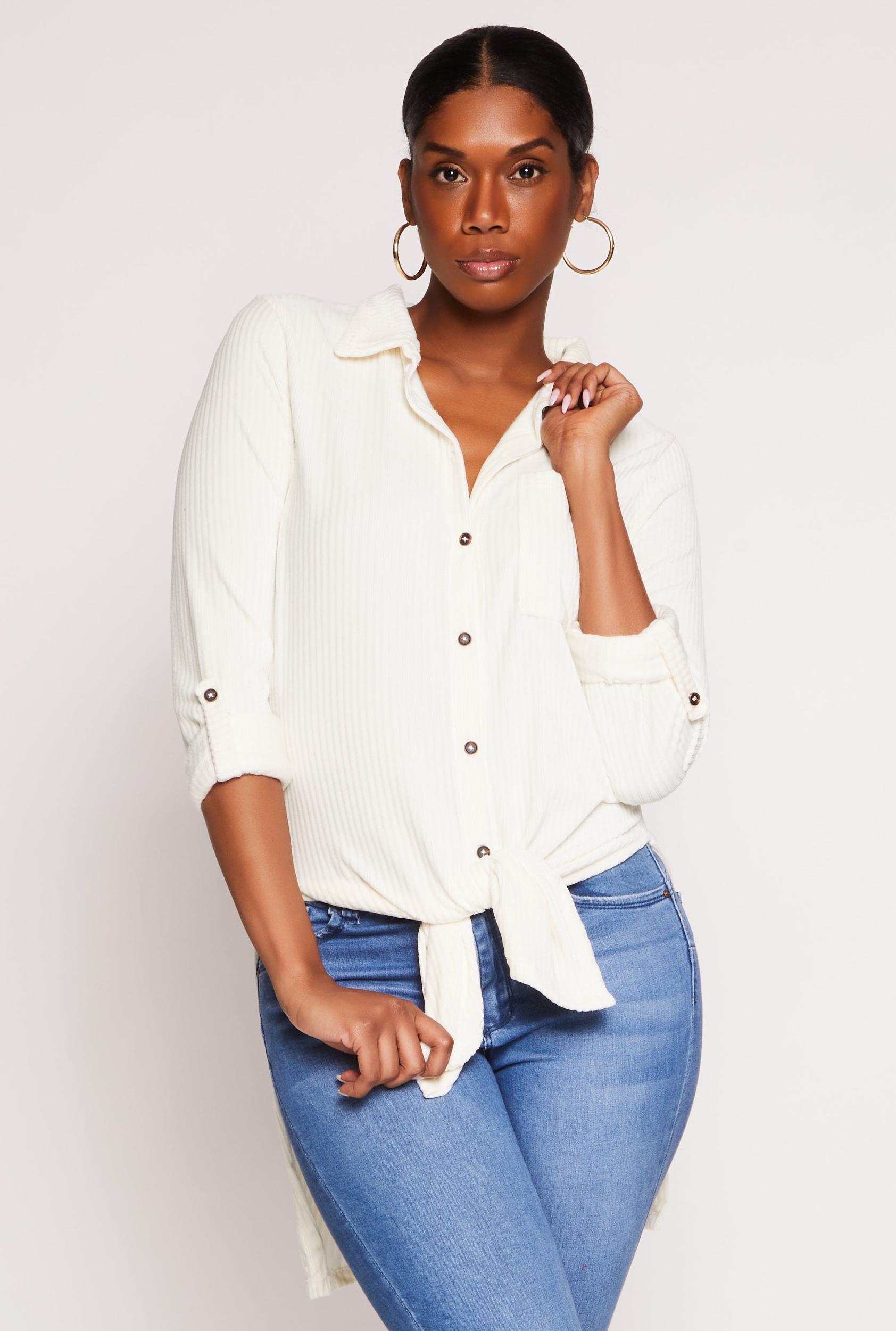 Womens Ribbed Velvet Button Front Tunic Top Product Image